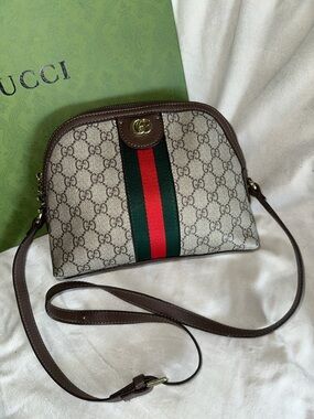 Gucci Beige GG Supreme Canvas Crossbody with Green-Red Web and Brown Trim
